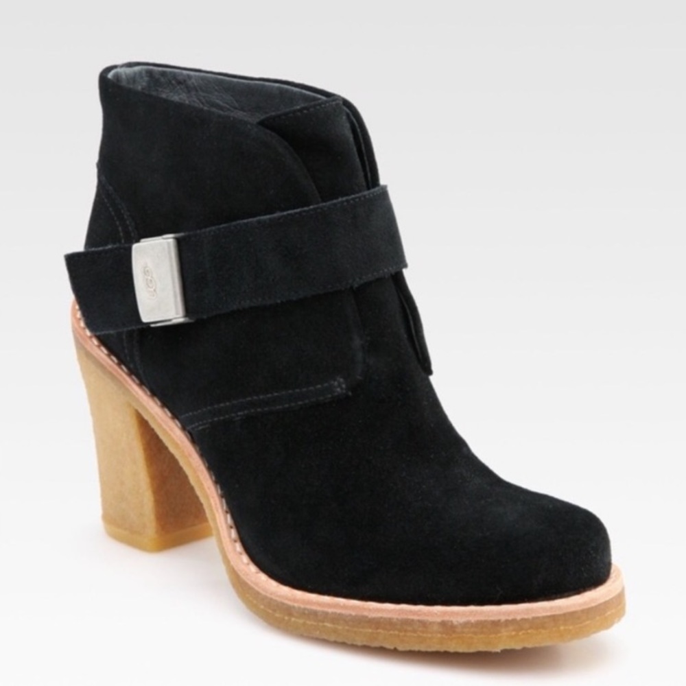 UGG Black Suede Ankle Booties with Tan Heel